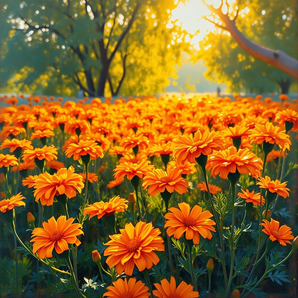 Marigold Field in Golden Hour Light