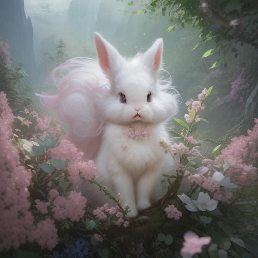 Misty Mountain Landscape with White Bunny in 3D