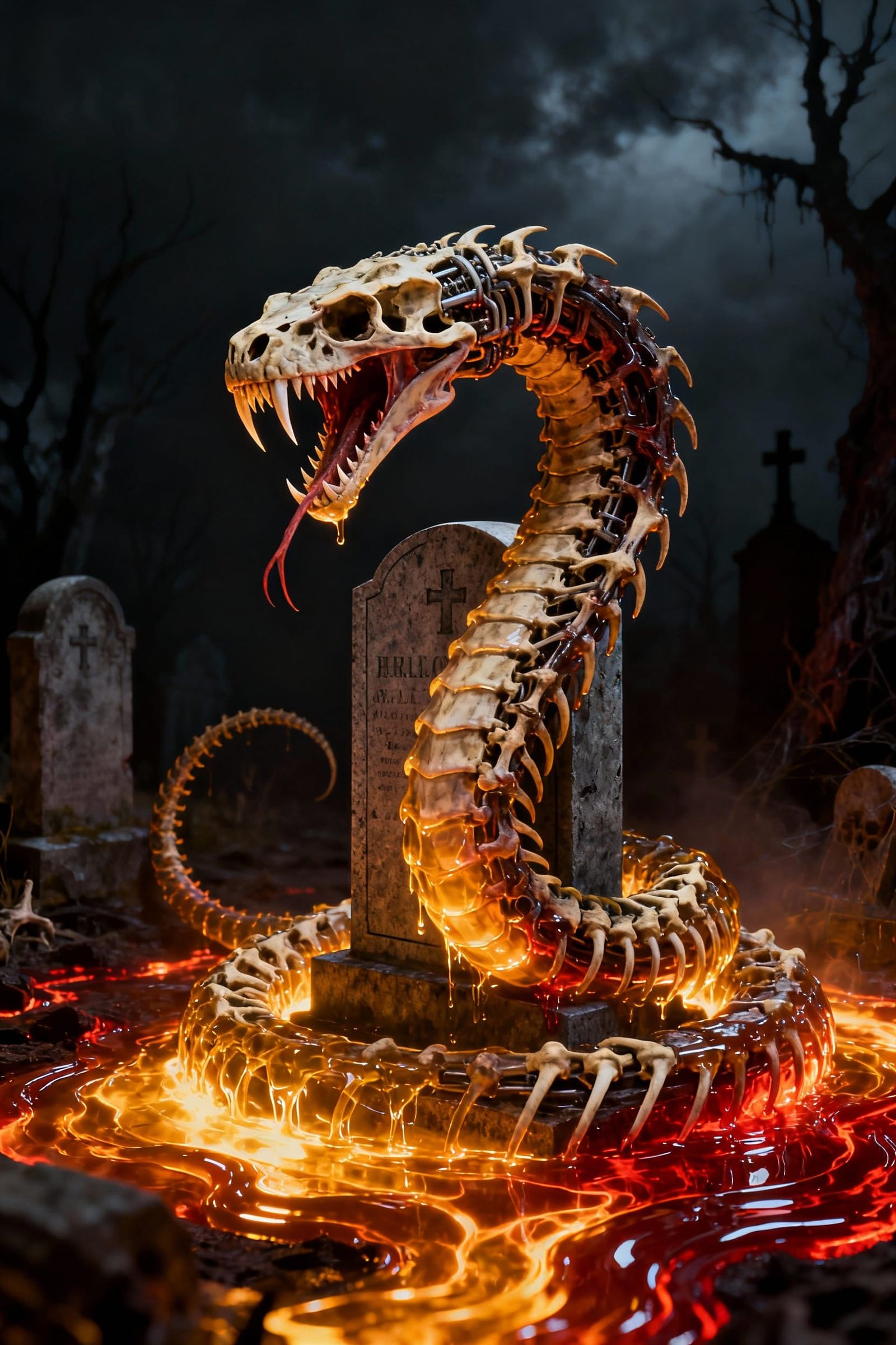 Skeletal Serpent Monster Coiled Around Tombstone