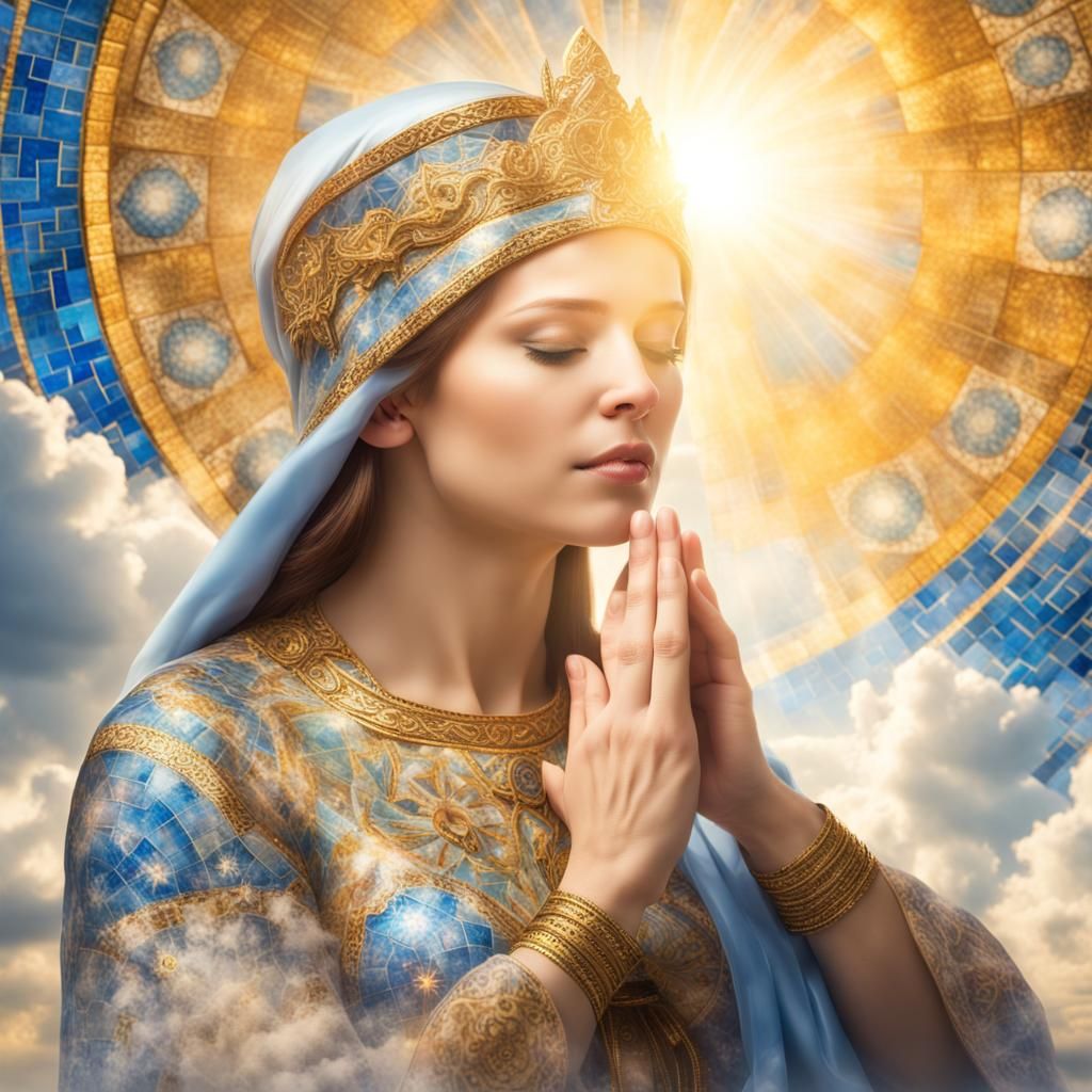 Woman Praying Amidst Golden Mosaics and Divine Light