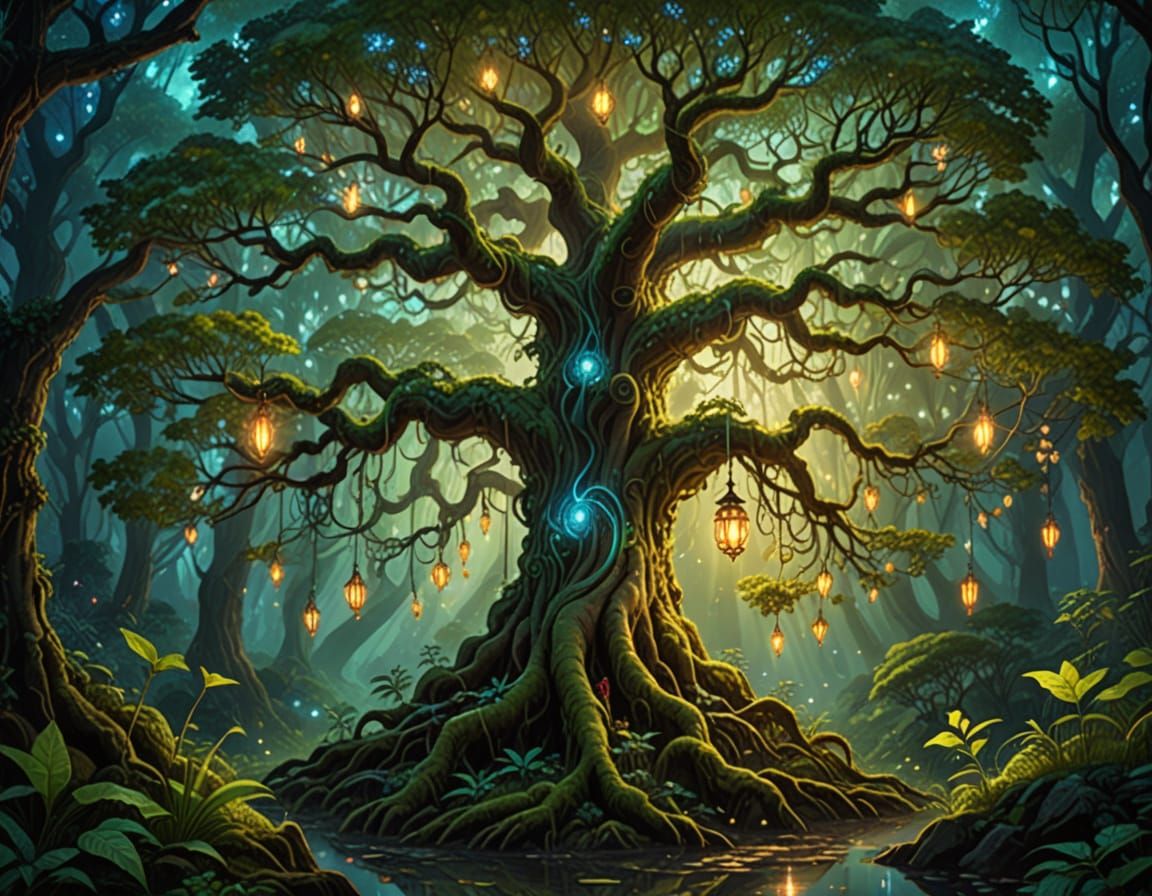 Vibrant Fantasy Tree of Life in a Mystical Forest