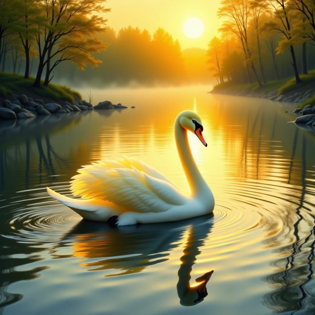 Golden Swan on Tranquil Lake Impressionist Style