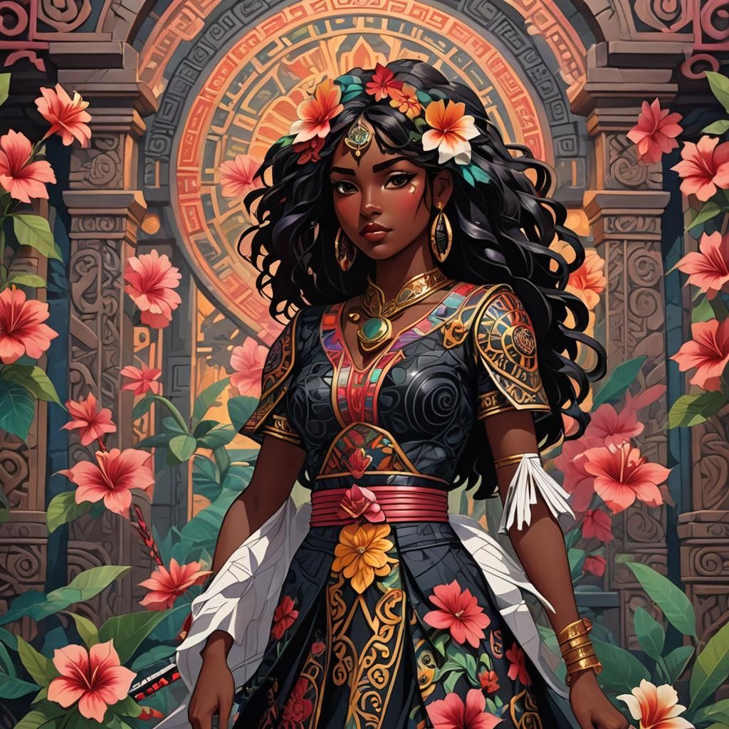 Anime Girl in Mayan Temple with Cubist Influences