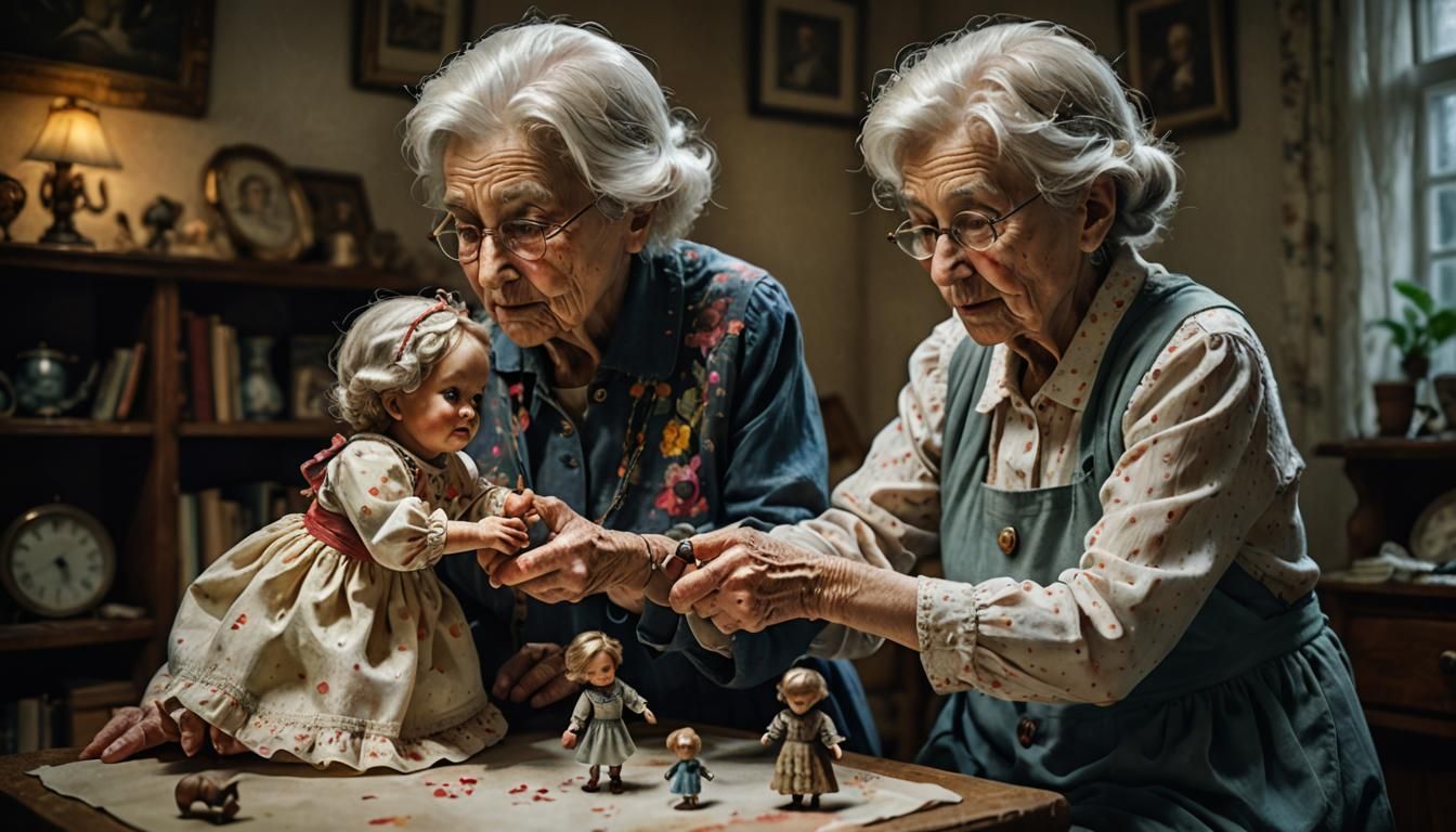 Nostalgic Watercolor Photograph of Woman with Dolls