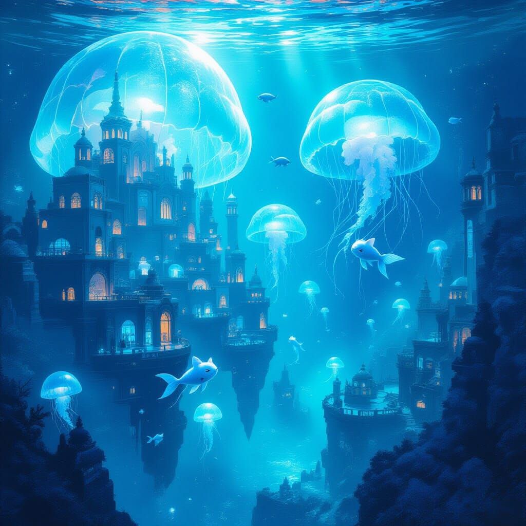 Underwater Mer-Cat City in Bioluminescent Jellyfish Domes