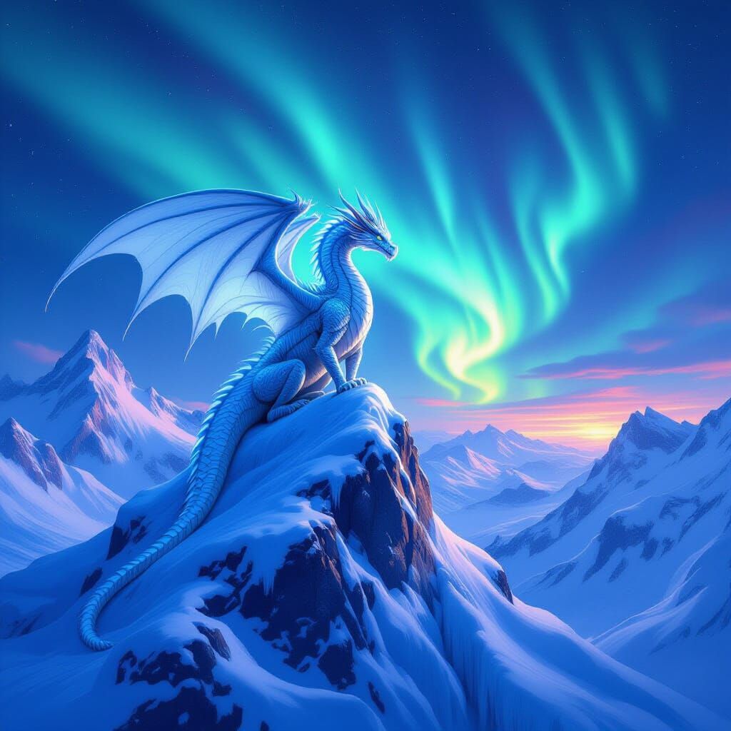Ice Dragon Surveys Frozen Kingdom in Northern Lights