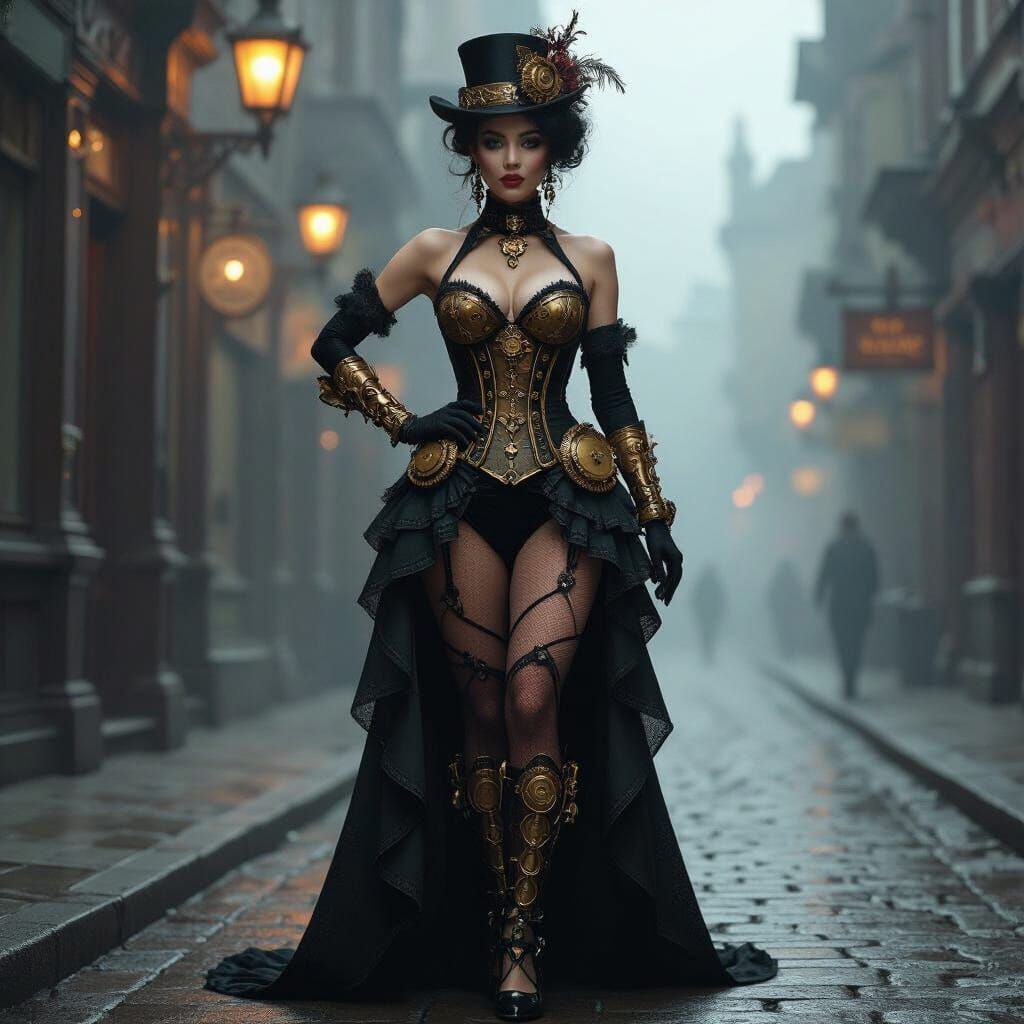 A lone showgirl, adorned in intricate steampunk attire with ...