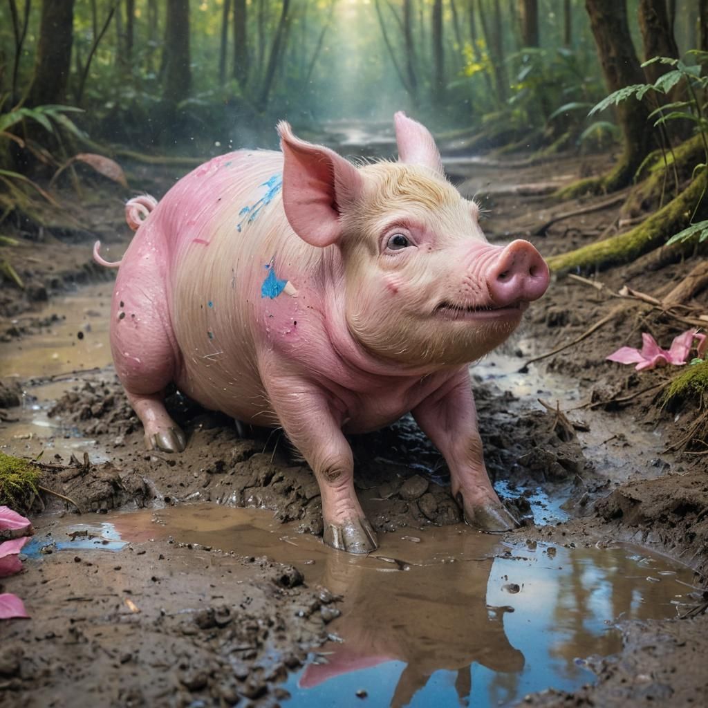 Pink Pig in Mud Puddle: Watercolor Concept Art