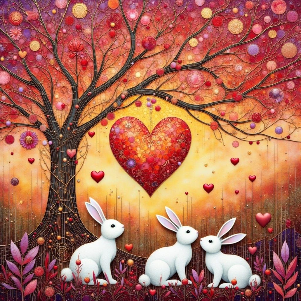 Dreamlike Whimsy: Adorable Bunnies Amidst Heart-Shaped Leave...