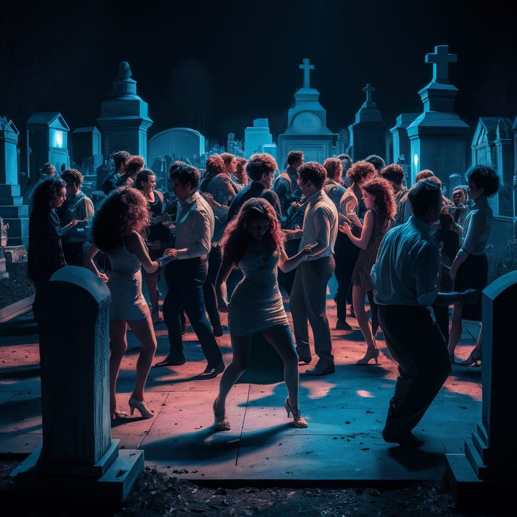 Neon Cemetery Dance Party: A Hyperrealistic Photograph
