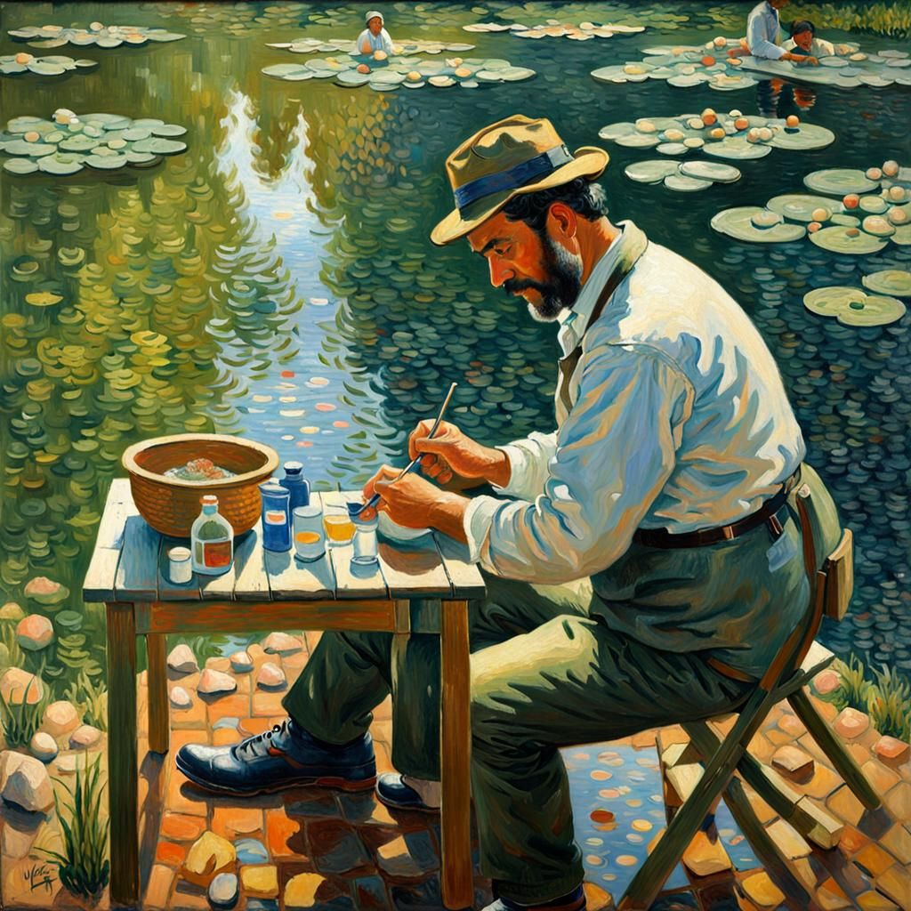 Pointillist Portrait in Laboratory with Water Reflections