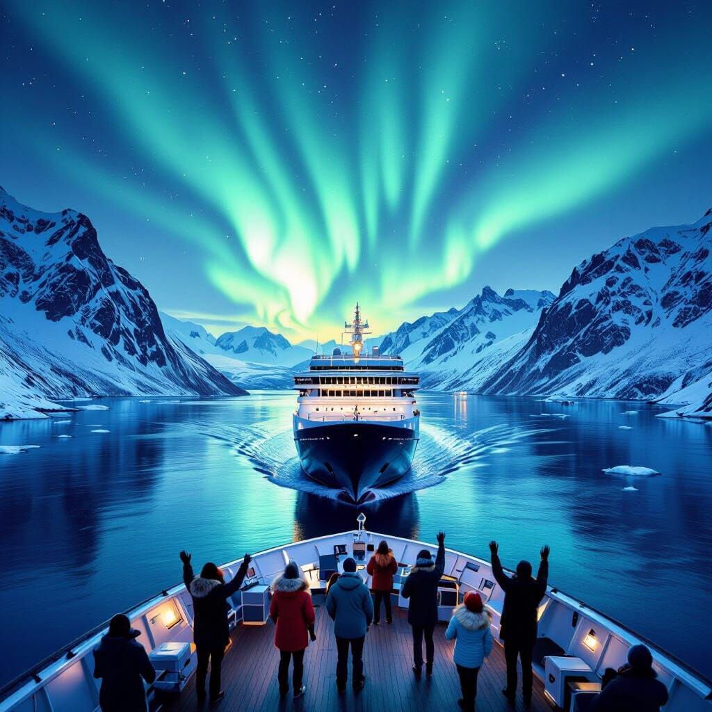 Aurora Borealis Cruise Ship in Fjord Landscape