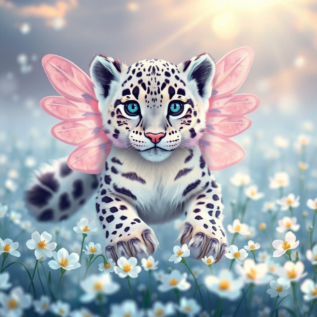 Magical Snow Leopard with Bioluminescent Snowdrops