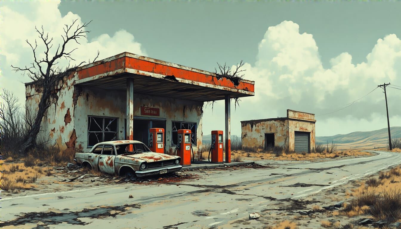 Post-Apocalyptic Gas Station Ruins in Oil Painting Style