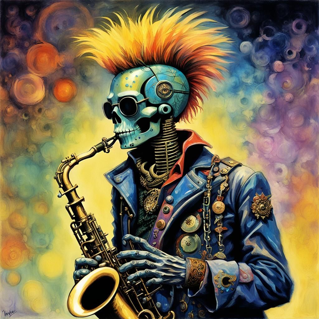 Punk Rock Android Musician with Saxophone in Dreamlike Style