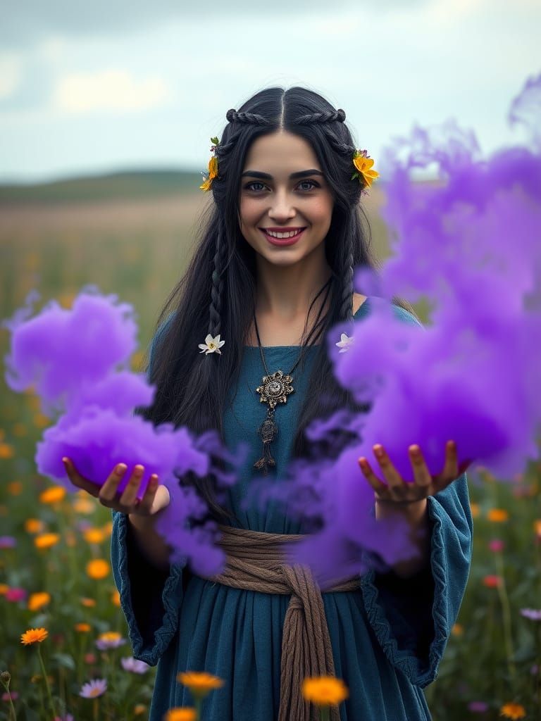Ancient Druid Goddess in a Field of Blooms