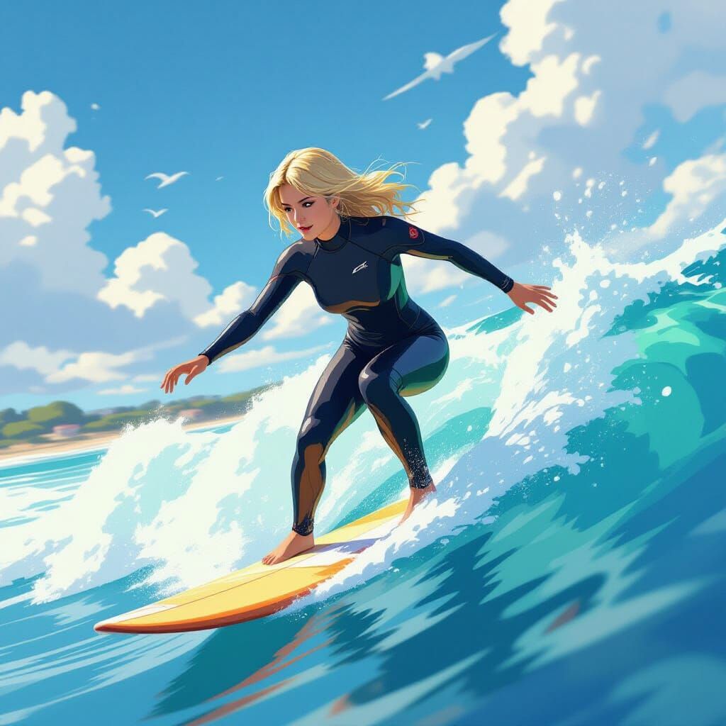 Surfer Girl on Wave in Vibrant Digital Art Style