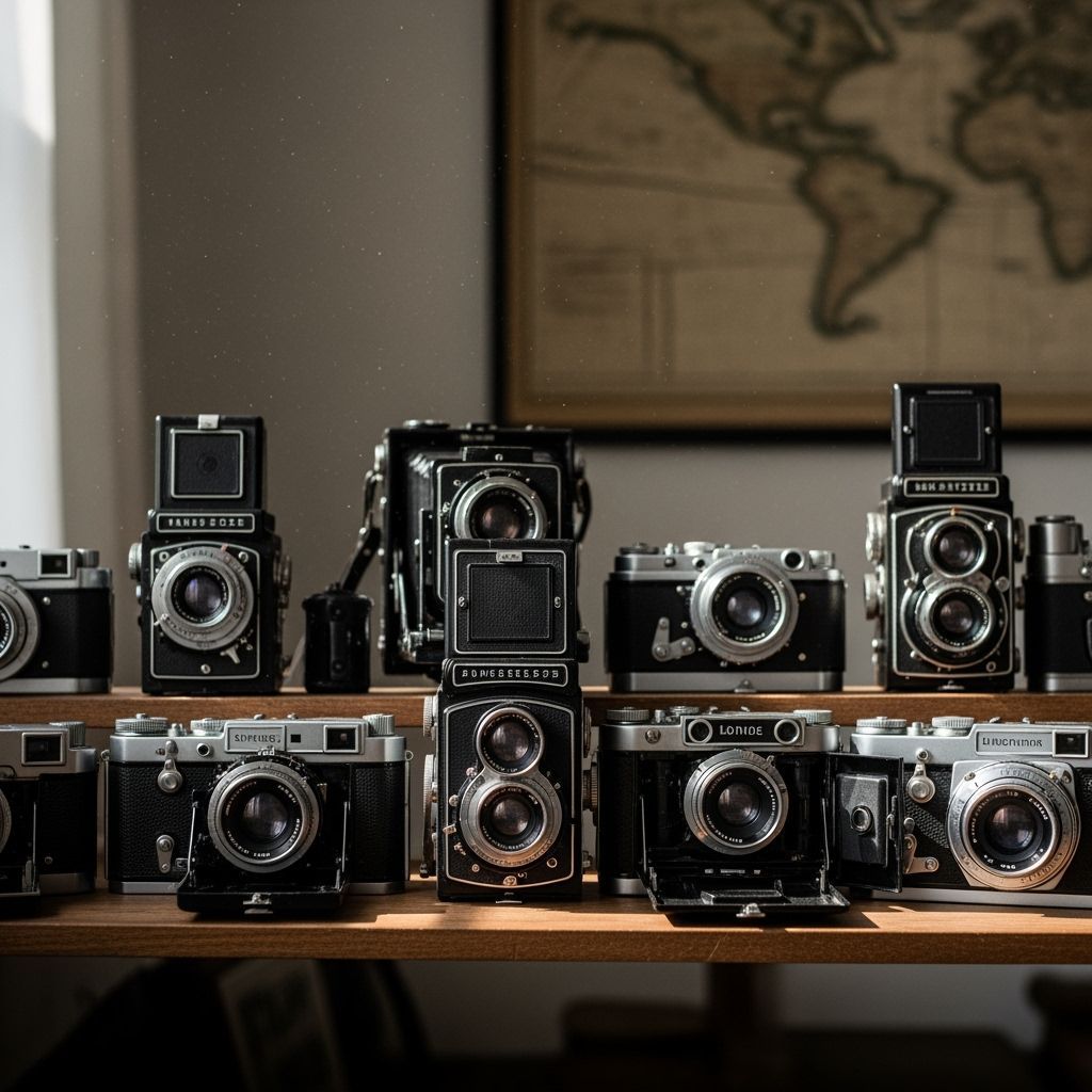 Vintage Camera Collection on Wooden Shelf