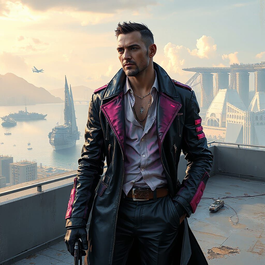 Cyberpunk Villain Overlooking Futuristic Bay