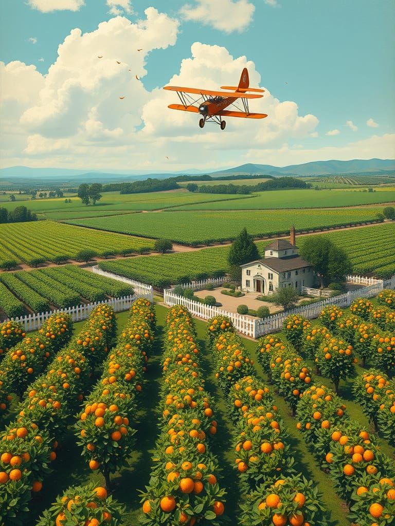 Orange Orchard Vista with Biplane in Gouache Style