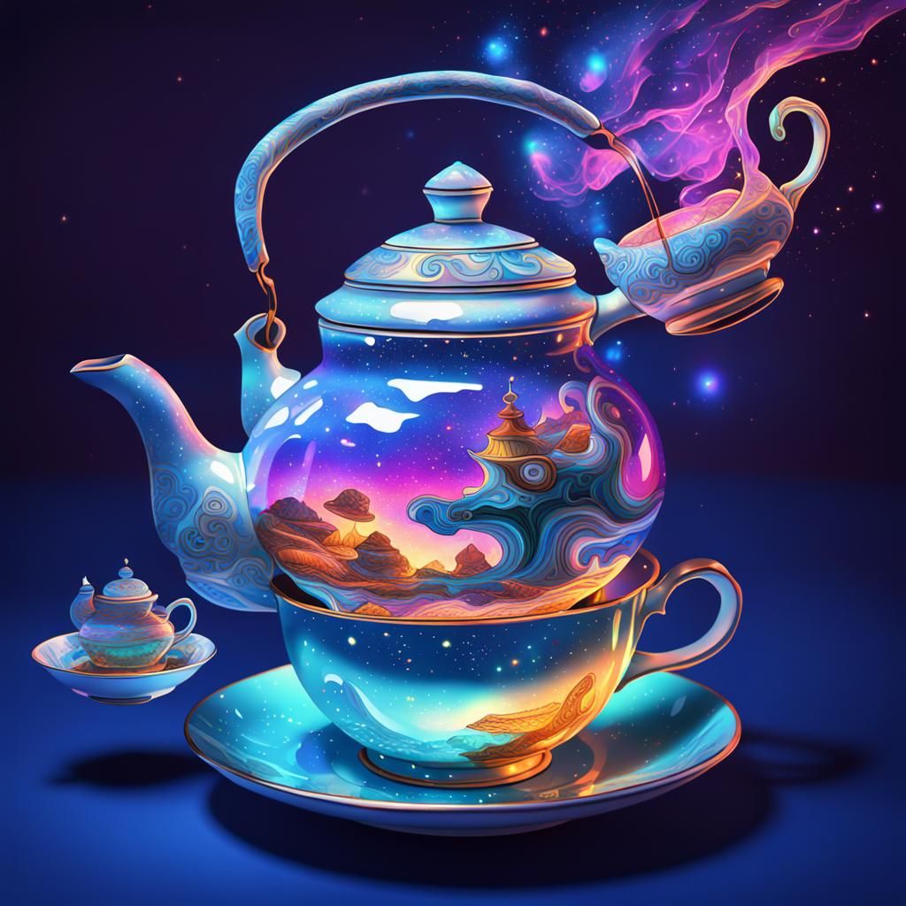 Teapot Pouring Tea: Holographic Astral Cosmic Illustration