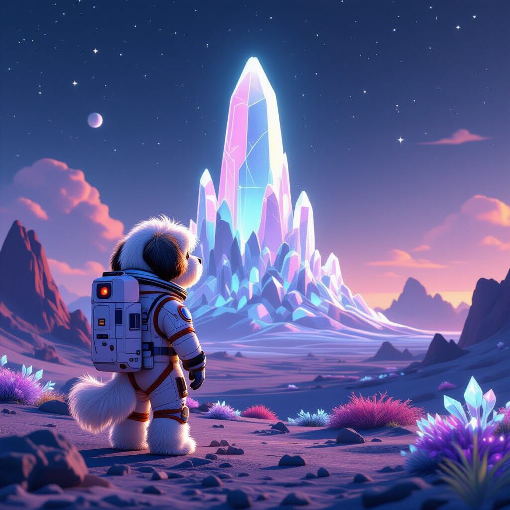 Shih Tzu Astronaut Explores Alien Planet with Crystal Struct...