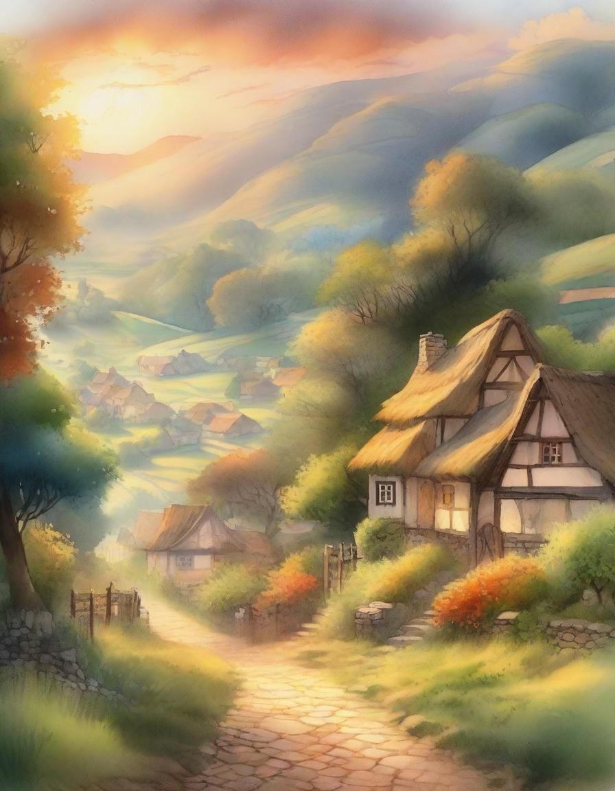 Ethereal Village Scene in Watercolor Style