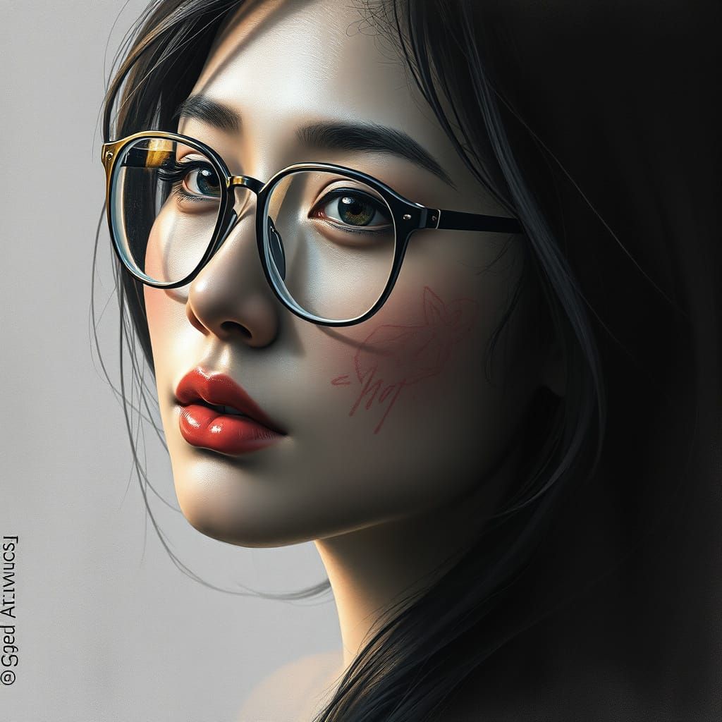 Charcoal Portrait of a Beautiful Asian Woman in Hyperdetaile...