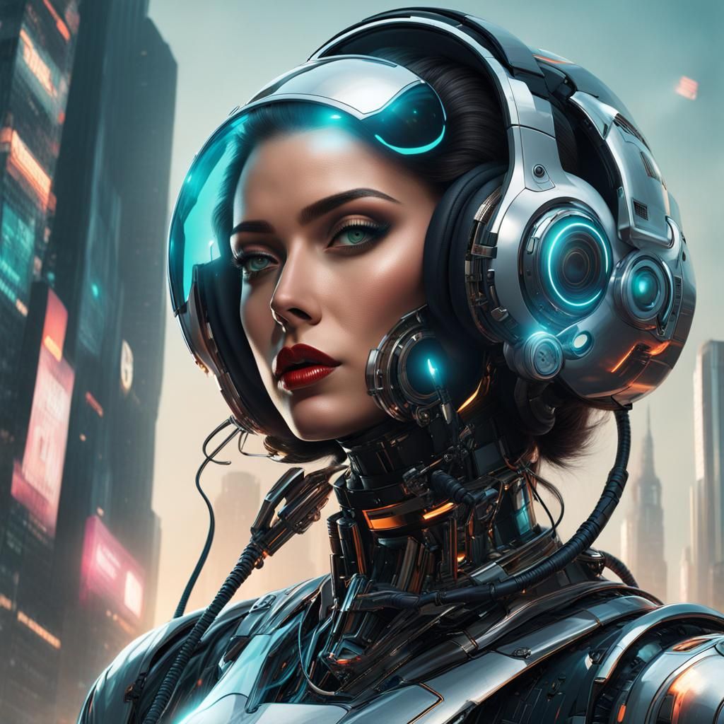 Cyborg Woman in Robotic Suit: Retrofuturistic Cyberpunk Art