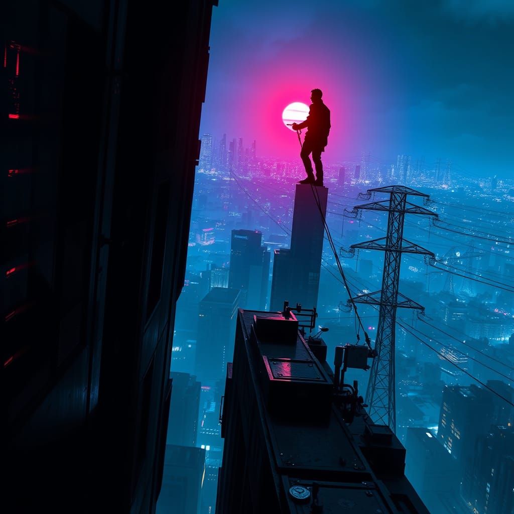 Cyberpunk Cityscape: Figure on Skyscraper Ledge