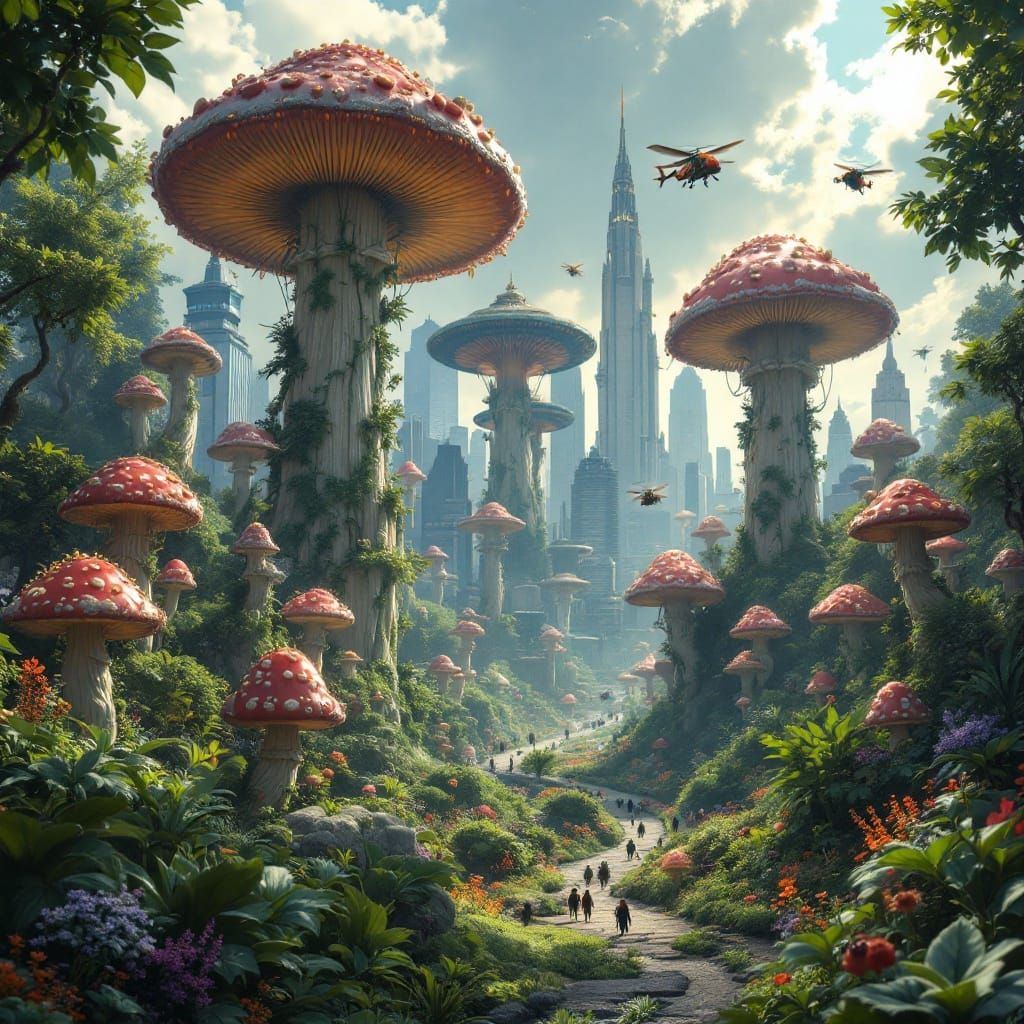 Majestic Mushroom Metropolis in Whimsical Cyberpunk Style