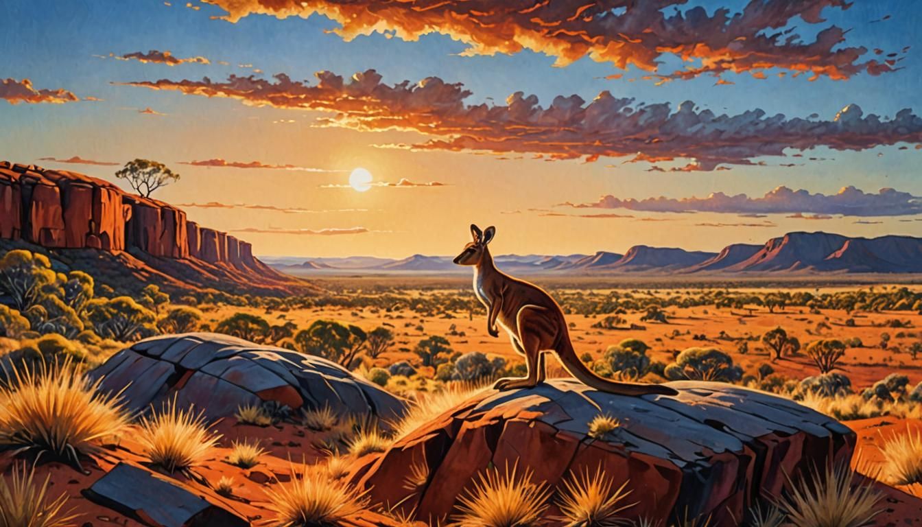 Australian Outback Landscape Painting with Kangaroo