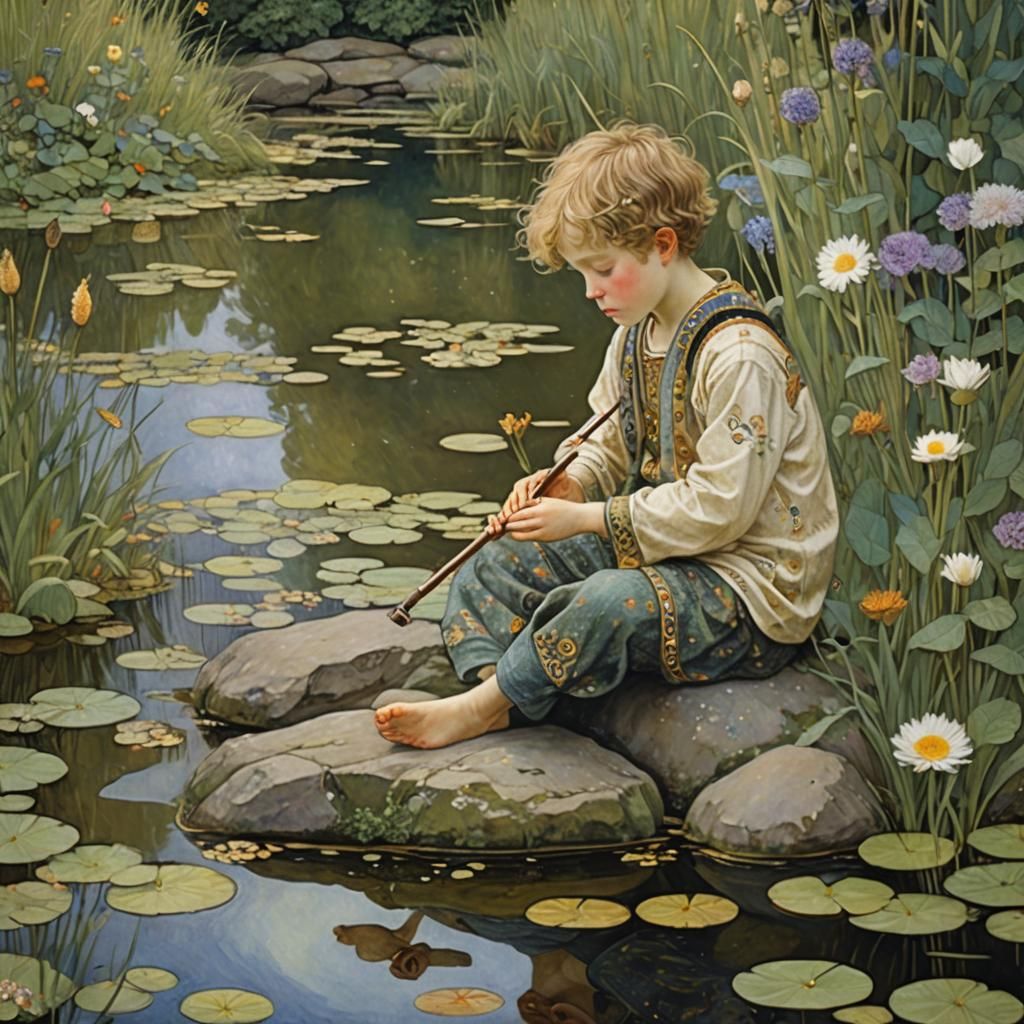 Little Boy Plays Flute at Pond's Edge in Intricate, Expressi...