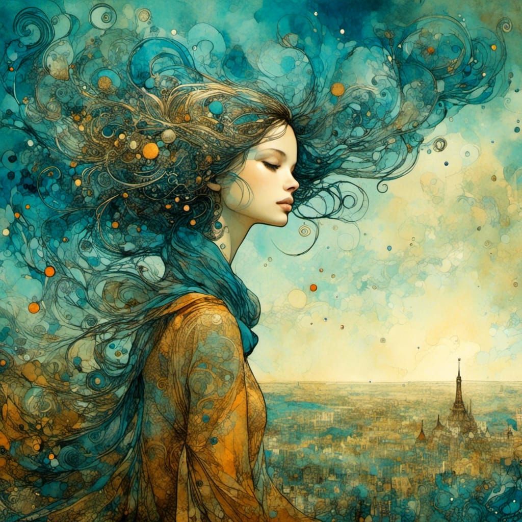 Girl on Windy Hill, Art Brut Style Illustration