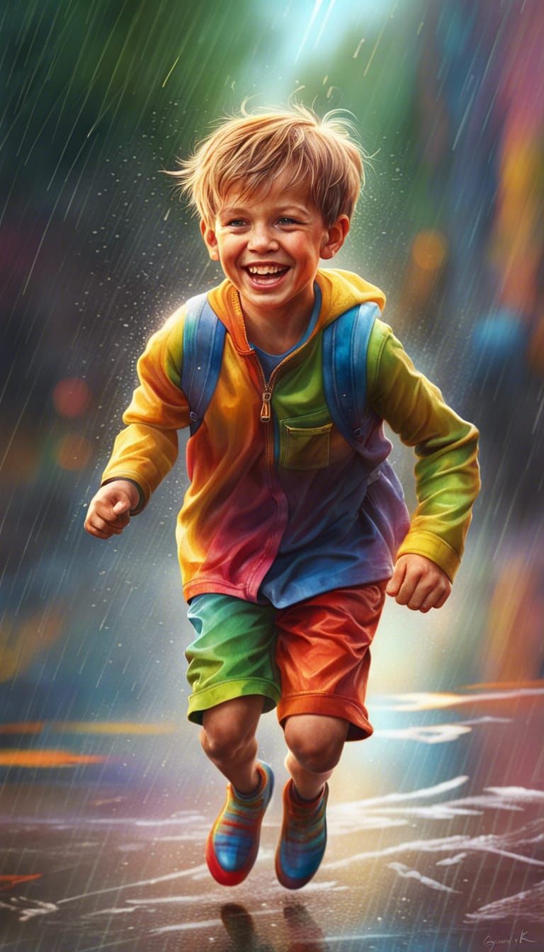 Joyful Boy Runs in Rainbow Rain: Hyperrealistic CGI Portrait