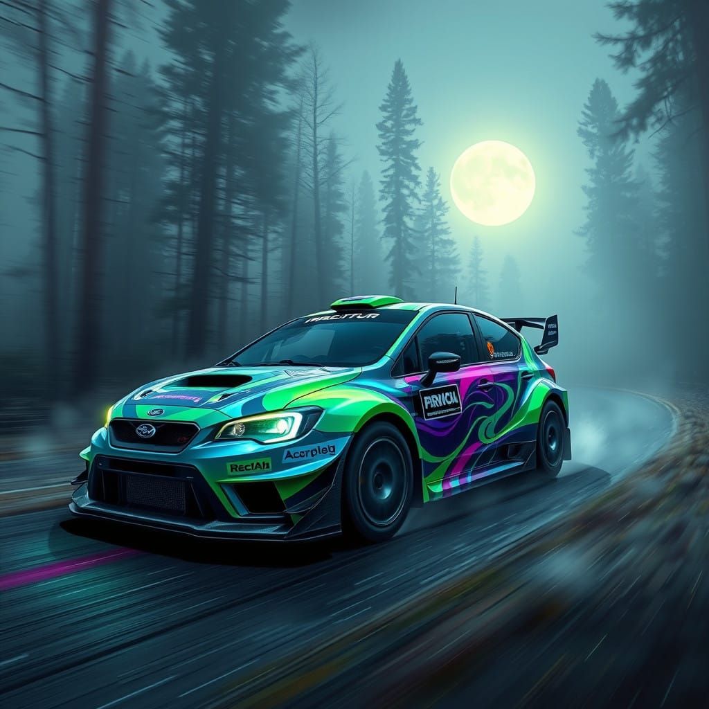 Rally car wrapped in "northern lights" artwork