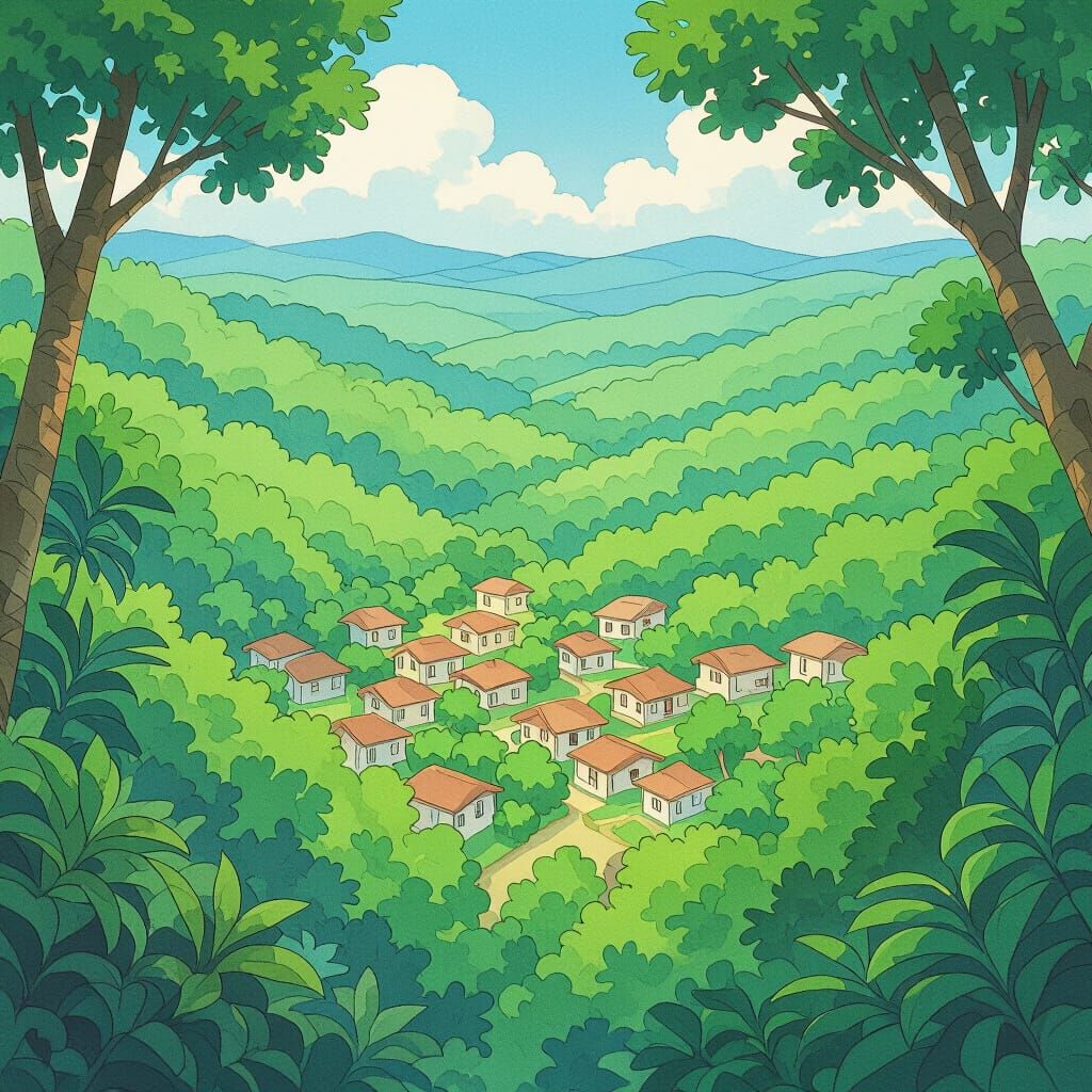Lush Jungle Settlement in Studio Ghibli Style