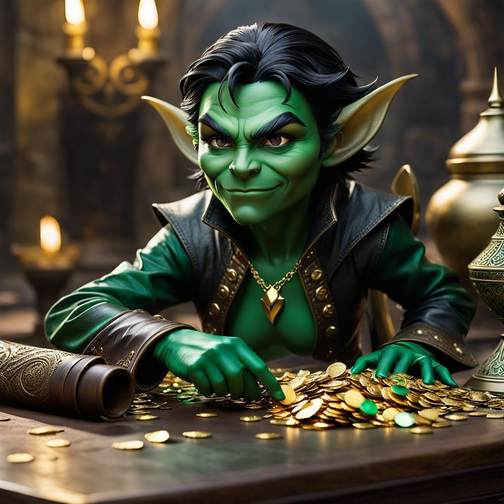 Goblin Rogue Bartering Near Medieval Bank