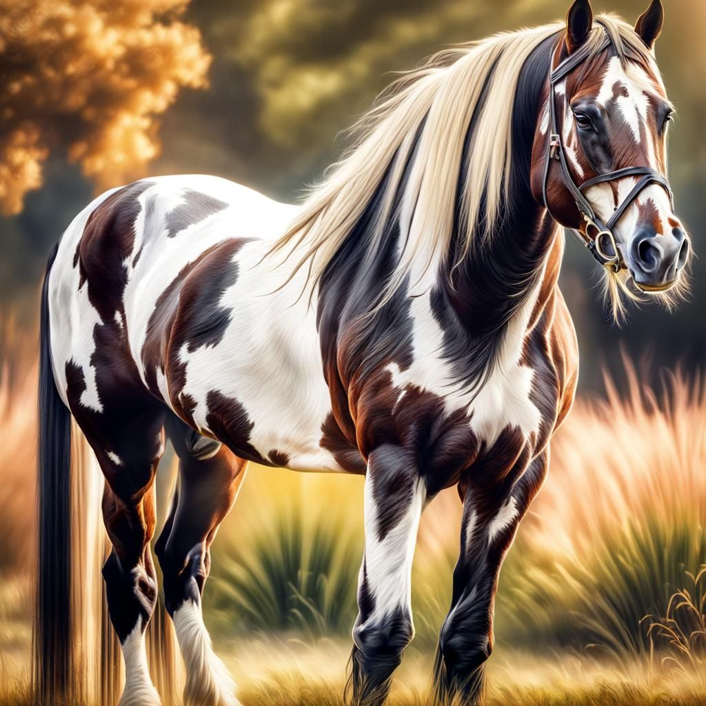 Pinto Arabian Horse in Meadow, Hyperrealistic Image