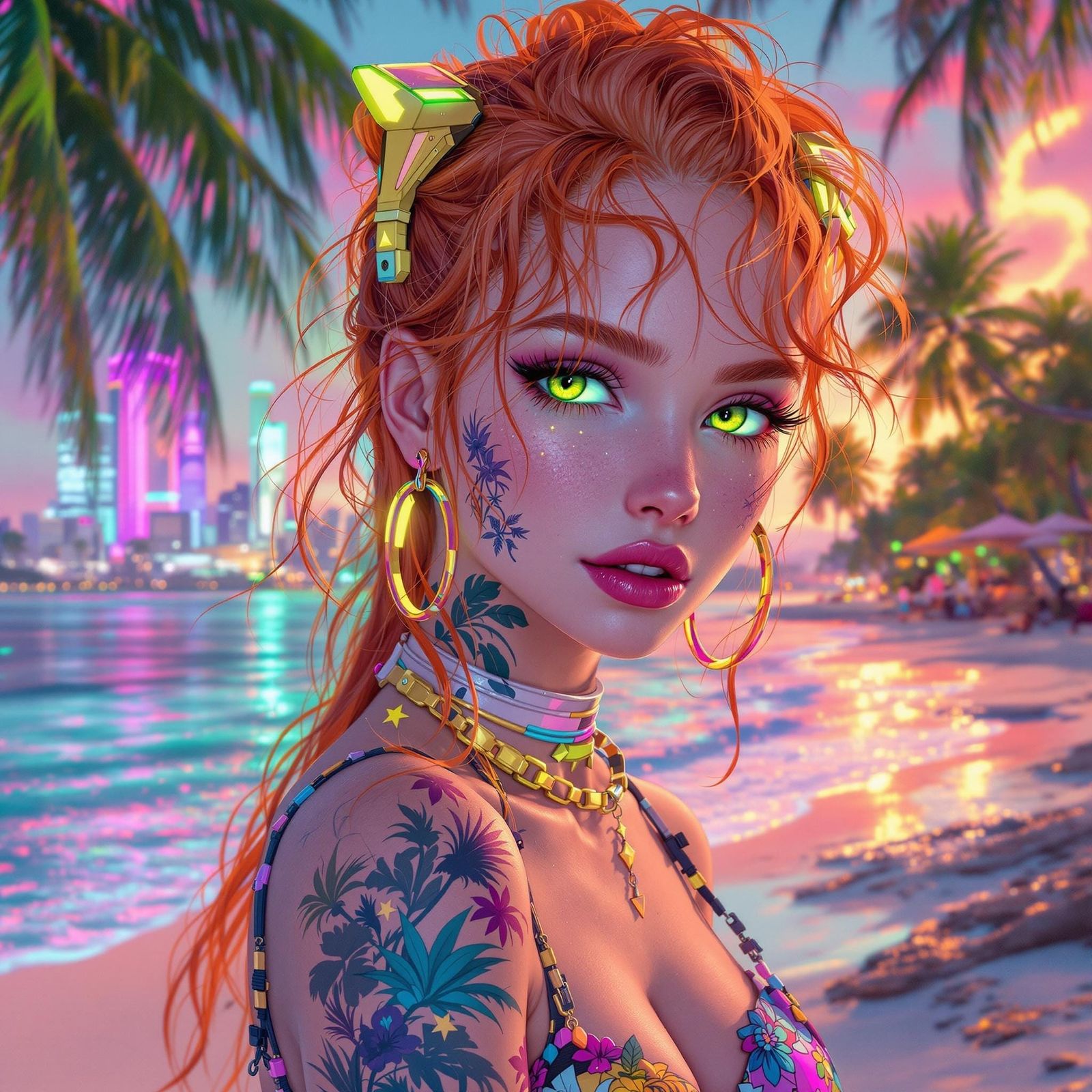 Cyberpunk Ginger Goddess in Tropical Paradise