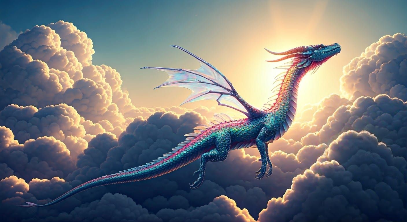 Iridescent Dragon Soaring Through Dreamy Cloudscape