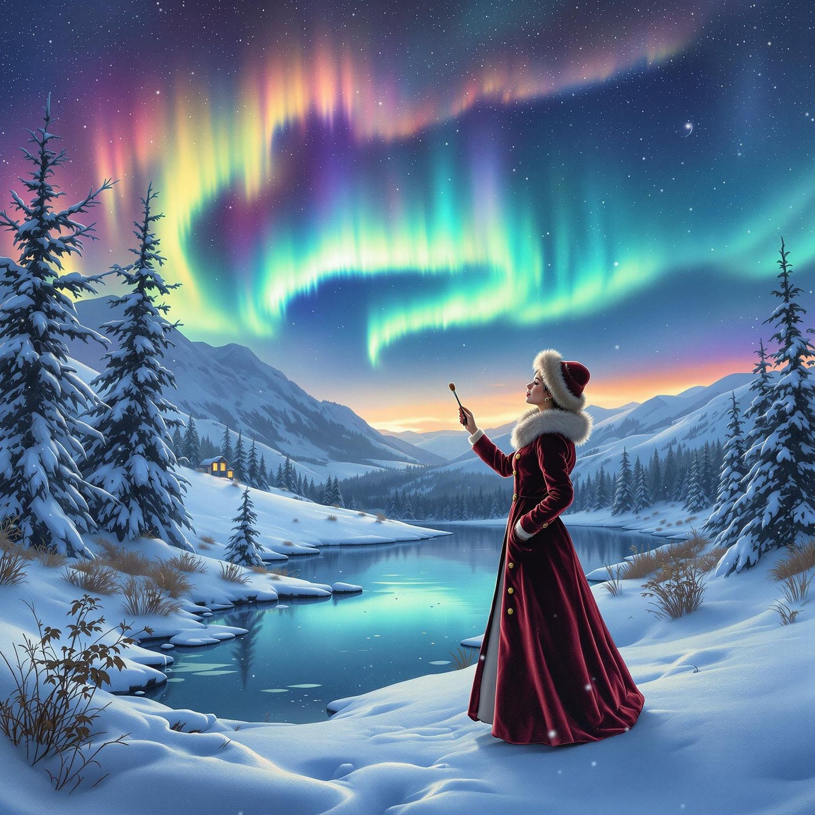 Elegant Woman Paints Aurora Borealis in Snowy Landscape