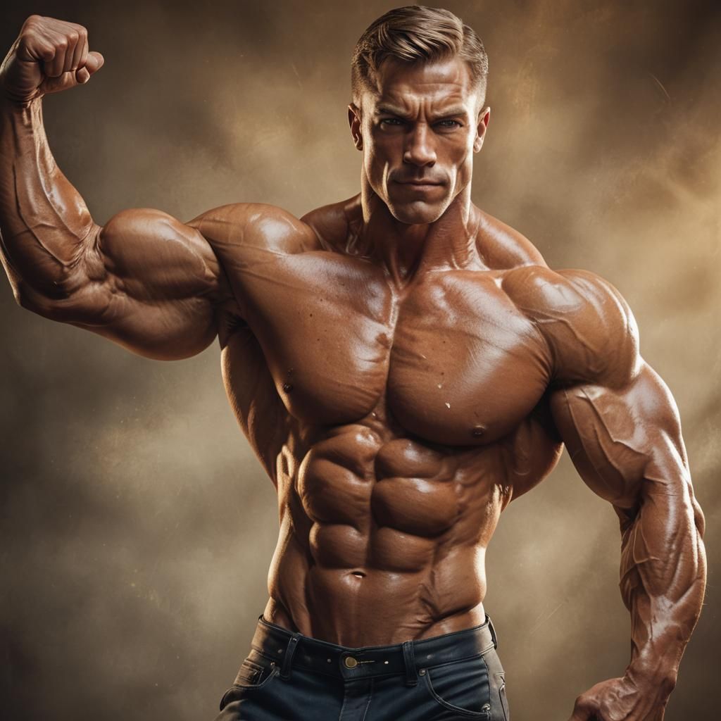 Macro Photograph of Bodybuilder Flexing with Dramatic Lighti...