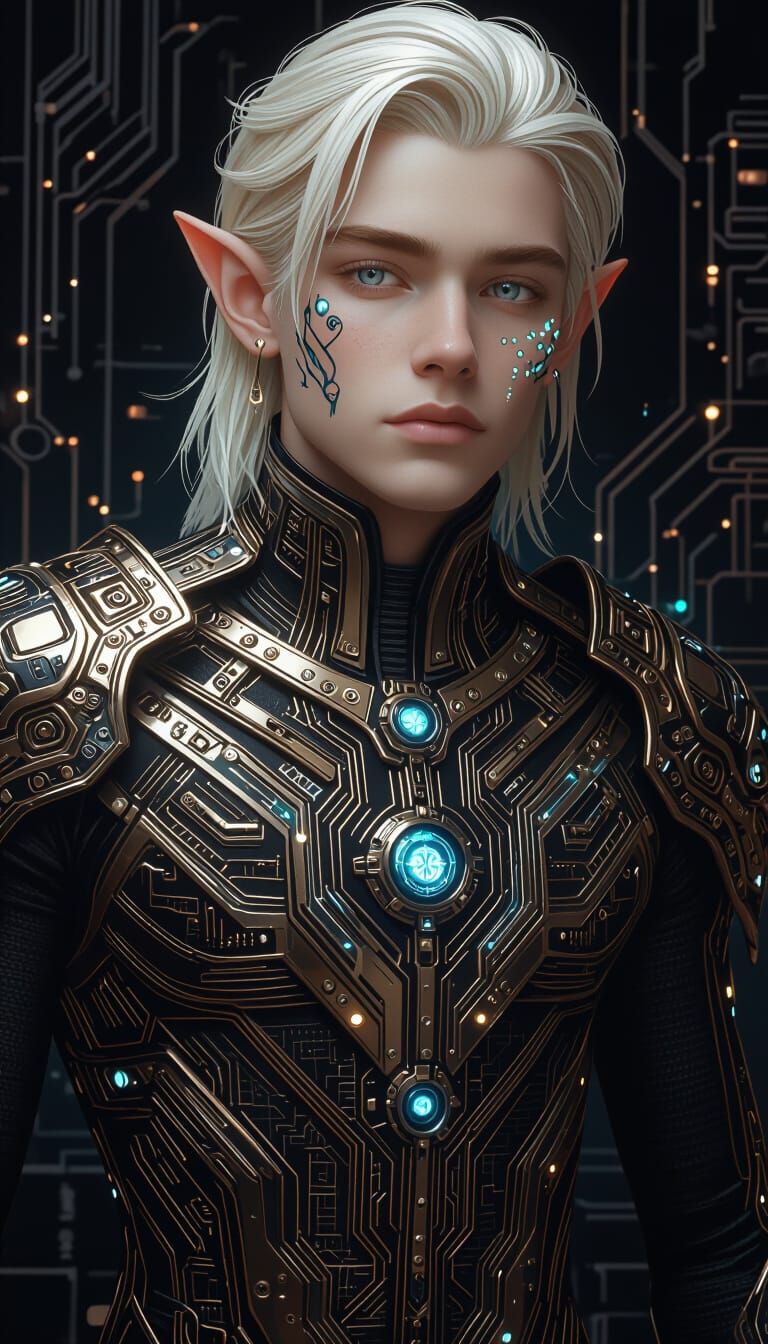 Elf in Ornate Cybernetic Bodysuit, Oil Realism