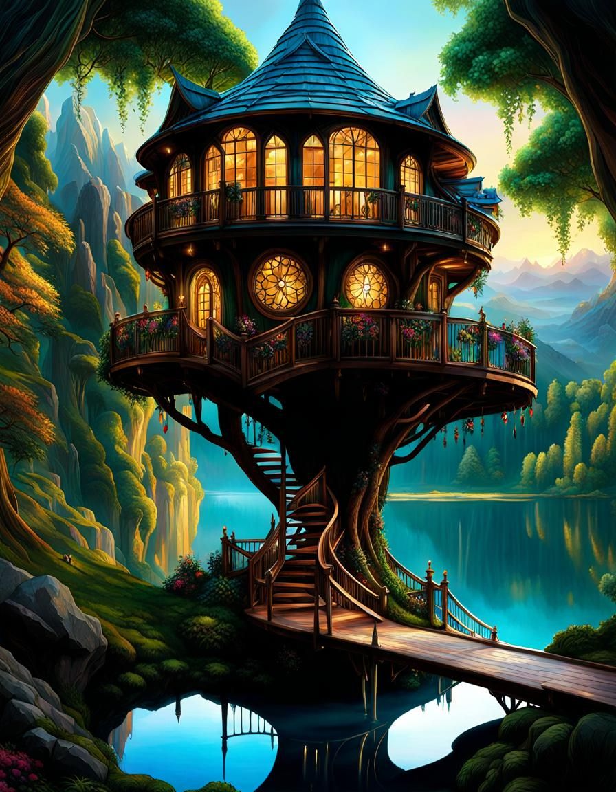 Enormous Fairy Treehouse with Crystal Slide, Digital Art