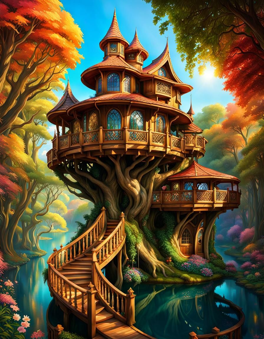 Enormous Fairy Treehouse with Waterslide, Digital Art