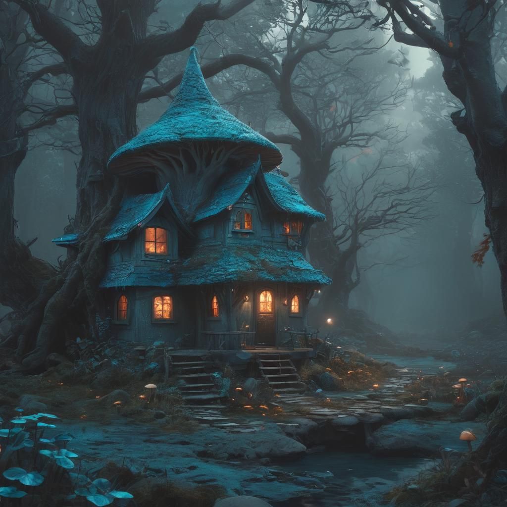 Mystical Witch Cottage in Enchanted Blue Forest