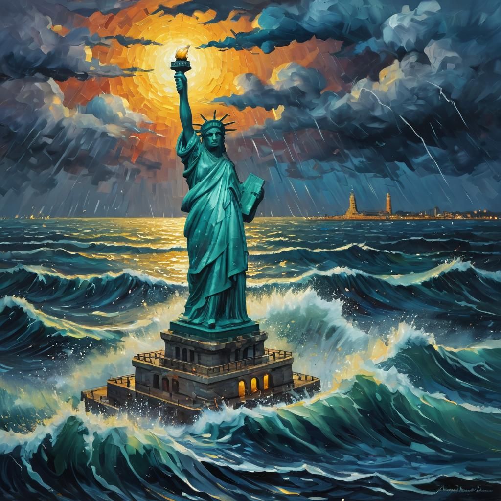 Statue of Liberty Sinking: Expressionist Oil Painting
