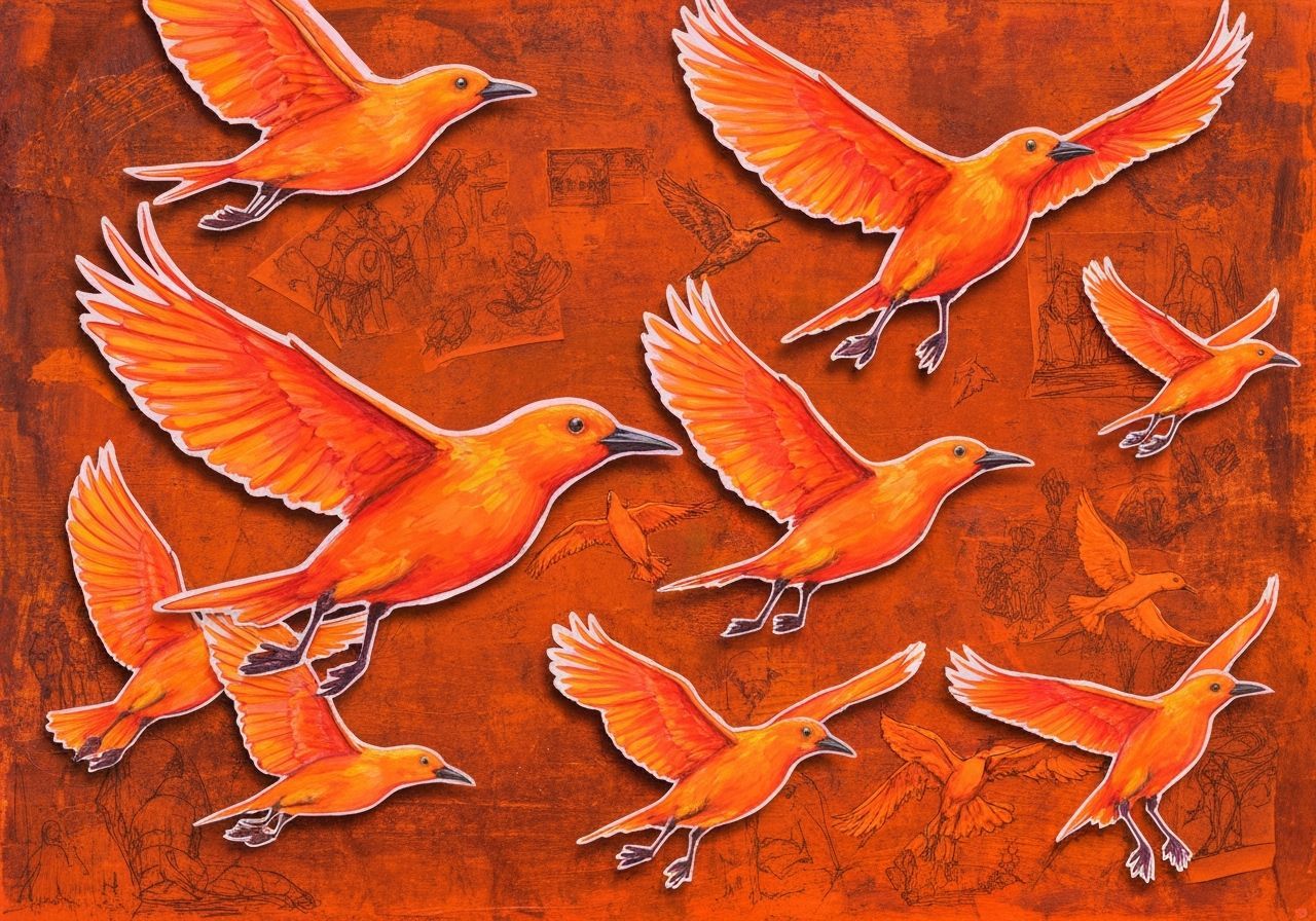 Giant Orange Birds in Mid-Flight, Mixed Media Art