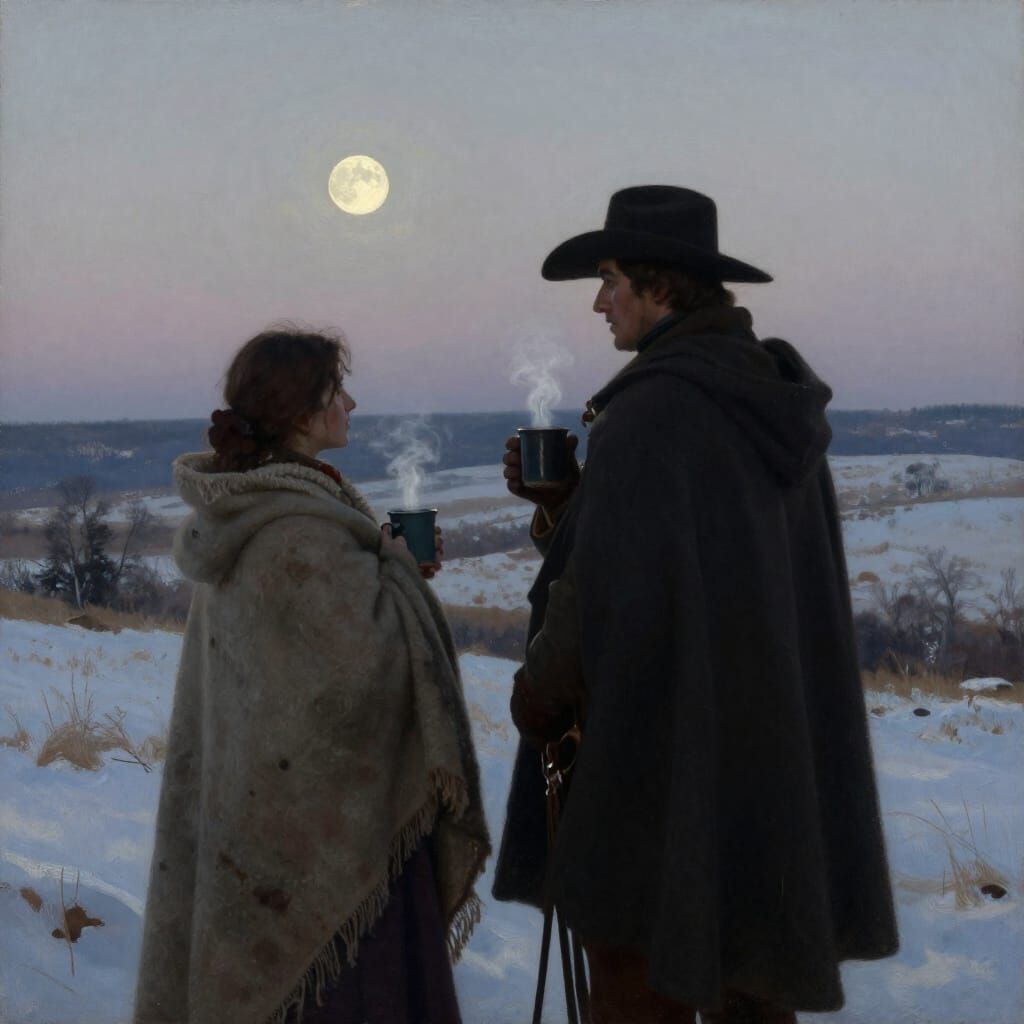 19th Century Couple's Winter Journey in Oil Painting Style